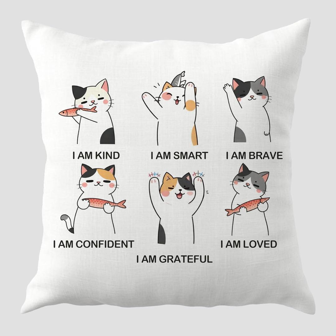 Inspirational Cat Pillow Covers 18x18, Cat Lover Lady Mom Dad Owner Gifts, Positive Affirmation Quotes Cute Kitten Decorative Throw Pillow Covers for Kids Room Bedroom Home