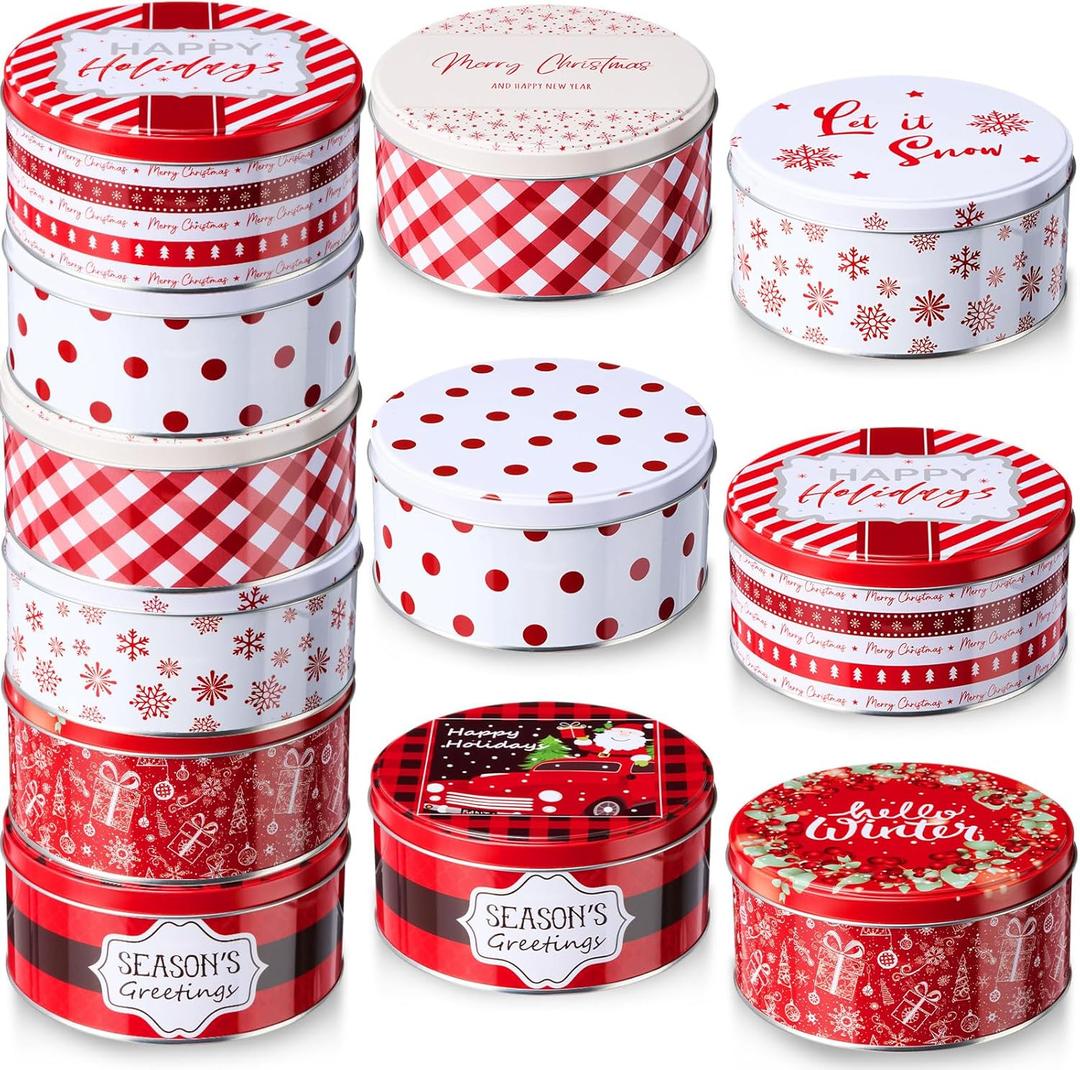 Yaomiao 12 Pack Christmas Cookie Tins with Lids for Gift Giving Small Xmas Tin Containers Round Metal Christmas Tins Empty Cookie Jar for Gift Giving Holiday Party Favors (Vivid Style)