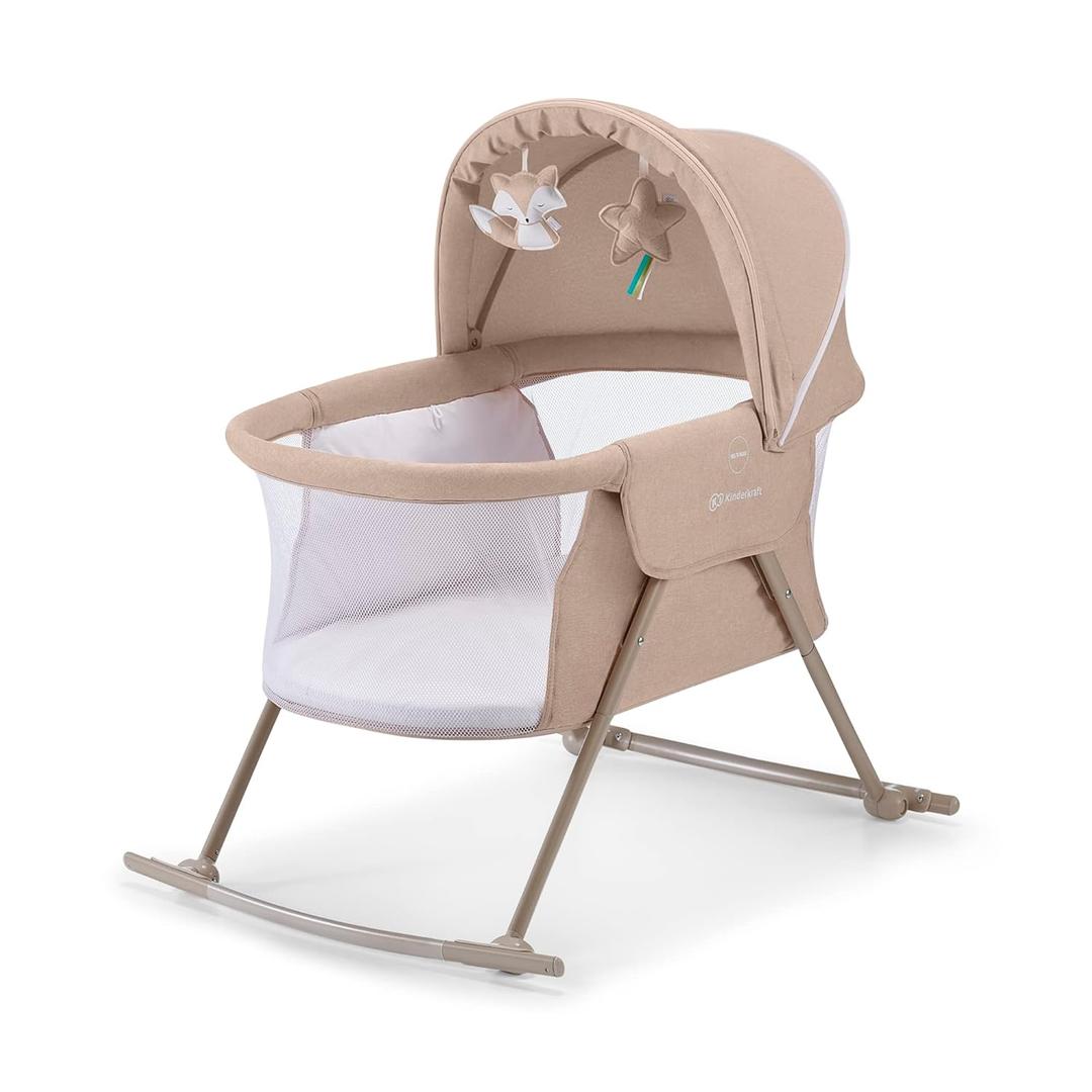 Kinderkraft LOVI Travel Bassinet for Baby, Portable Folding Baby Bed with Built-in Mosquito net, Adjustable Hood, and an Additional Cradle Function. Beige