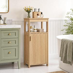 Bathroom Cabinet, Freestanding Bathroom Storage Cabinet with Door and Shelves, Small Floor Storage Cabinet, Narrow Bathroom Table, Fluted Door, Gold Handle, for Bathroom, Living Room, Natural, 13.8"L x 11.8"W x 32.5"H