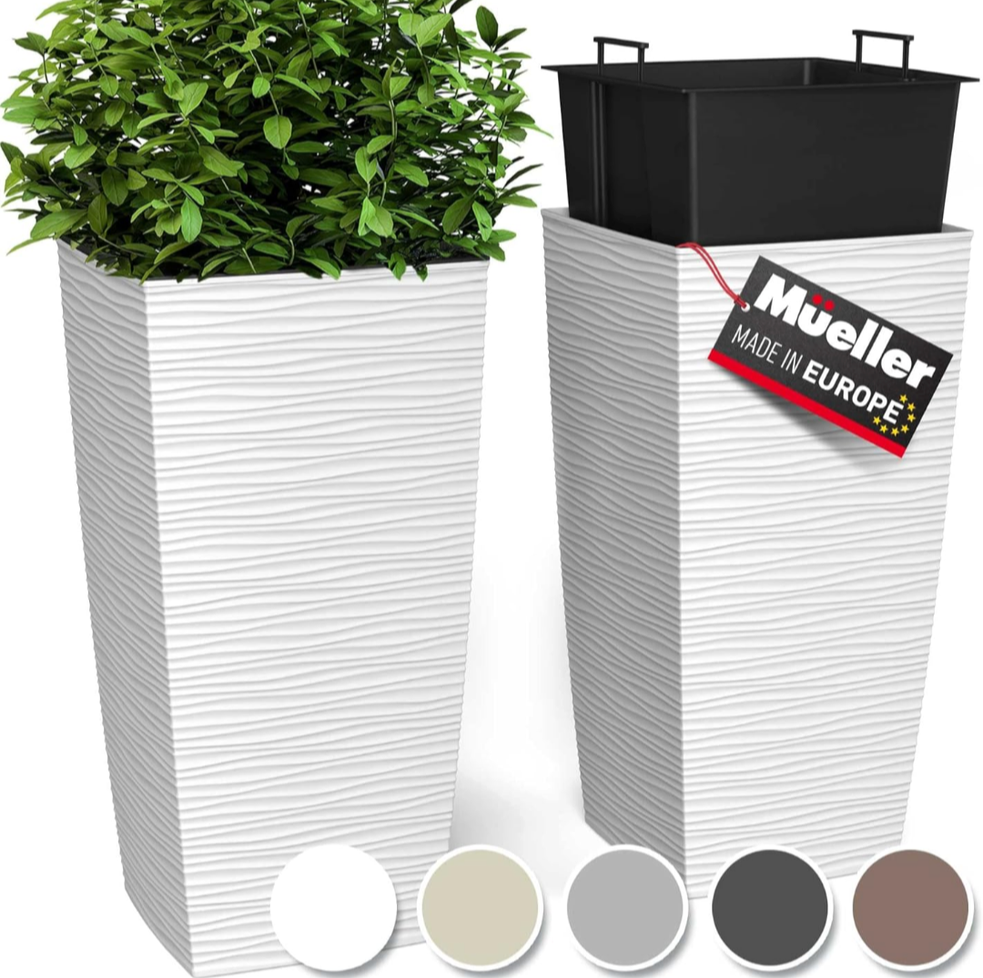 Mueller M-Resin Heavy Duty Tall Planter, Indoor/Outdoor Grande Plant, Tree, Flower Pot, 2-Piece Set, 27.5”, Modern Design, Built-in Drainage, White XL 6,5 Gallon