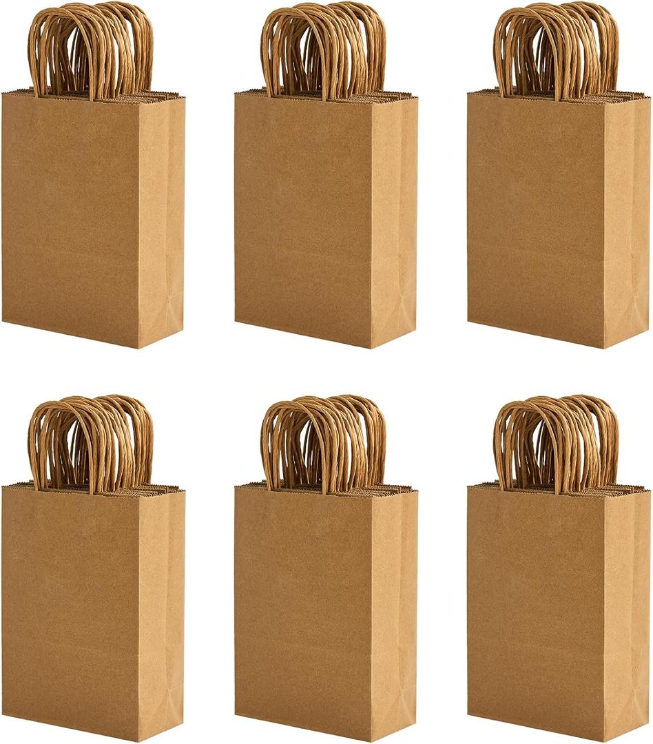 100 Pack 5.8x3.2x8.25 Inch Brown Kraft Paper Gift Bags with Handles - Bulk Small Plain Natural Bags for Birthday Party Favors, Grocery, Retail Shopping, Wedding, Craft, Goody, Takeouts, and Business, 1 count