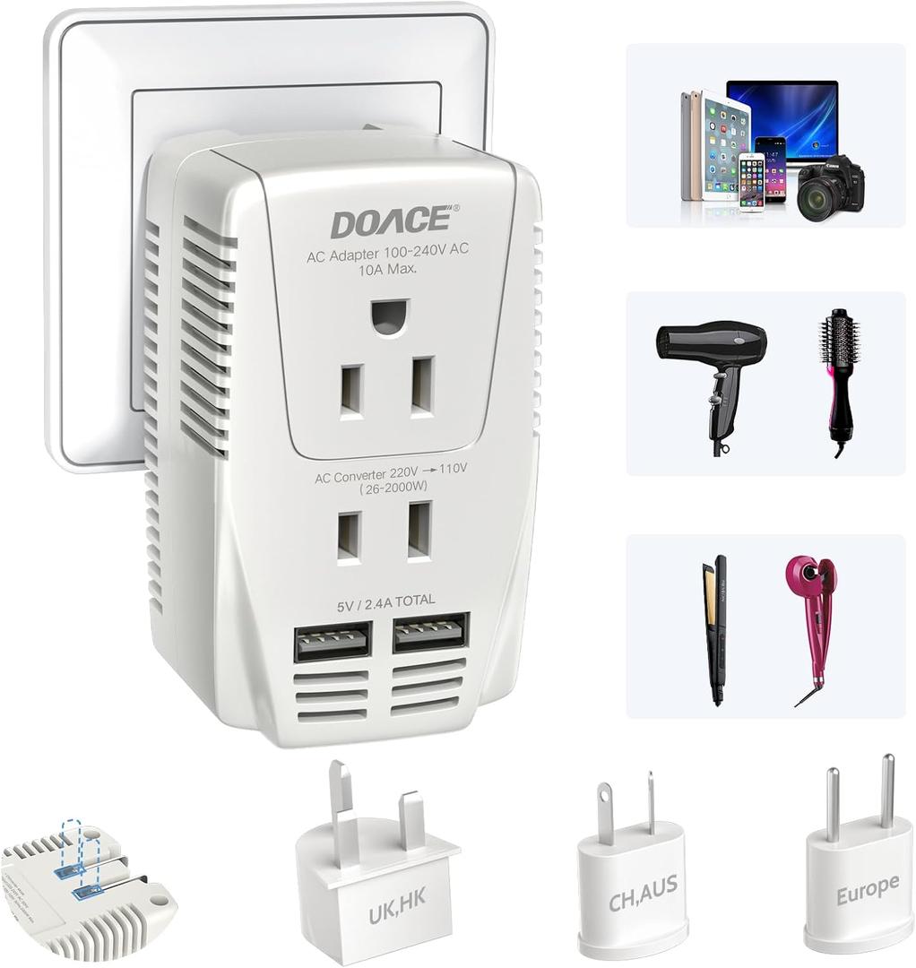 Upgraded 2000W 220V to 110V Converter for European Travel, Voltage Converter US to Europe for Hair Dryer Straightener Curling Iron, 2300W Adapter with EU/UK/AU/US Plugs for Laptop Camera Cell Phone (White)