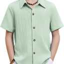 Arshiner Boys Casual Short Sleeve Button Down Shirt Fashion Textured Summer Beach Shirt  (6, Ice Green)