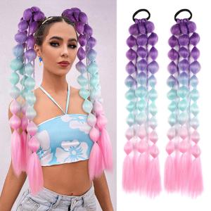 2 Pcs 22 Inch Lightweight Bubble Ponytail Extensions, Colored Braids Hair Extensions with Hair Tie, Crazy Hair Day, Festival Rave Accessories for Girls (Purple/Light Blue/Pink#)