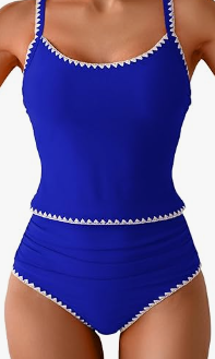 Eomenie Tankini Swimsuit for Women Tummy Control Ruched Two Piece Bathing Suits High Waisted Shell Stitch Swimwear Blue