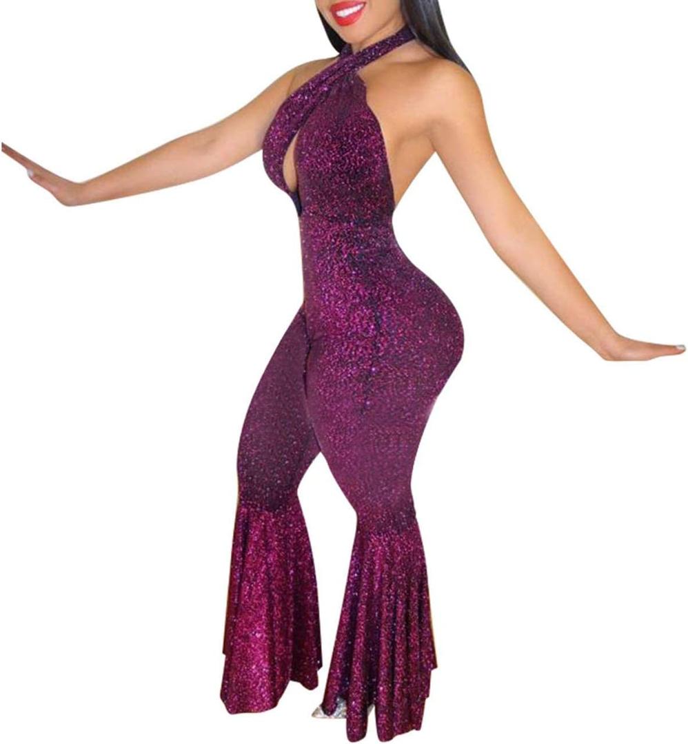 GUOLEZEEV Women Backless Lace Up Halter Jumpsuit Sexy Sleeveless Fit and Flare Pant Romper Playsuit (Purple), XL