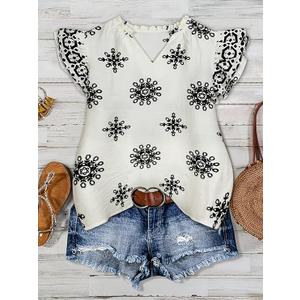 Women Floral Embroidered Blouse Ruffled V-Neck Flutter Sleeve Top for Summer Brunch Casual