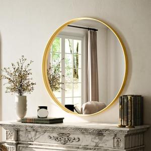 VooBang 24 inch Round Bathroom Mirror, Gold Modern Circle Wall Mounted Vanity Mirror with Gorgeous Circular Deep Frame for Bathroom, Living Room, Bedroom, Hanging or Leaning