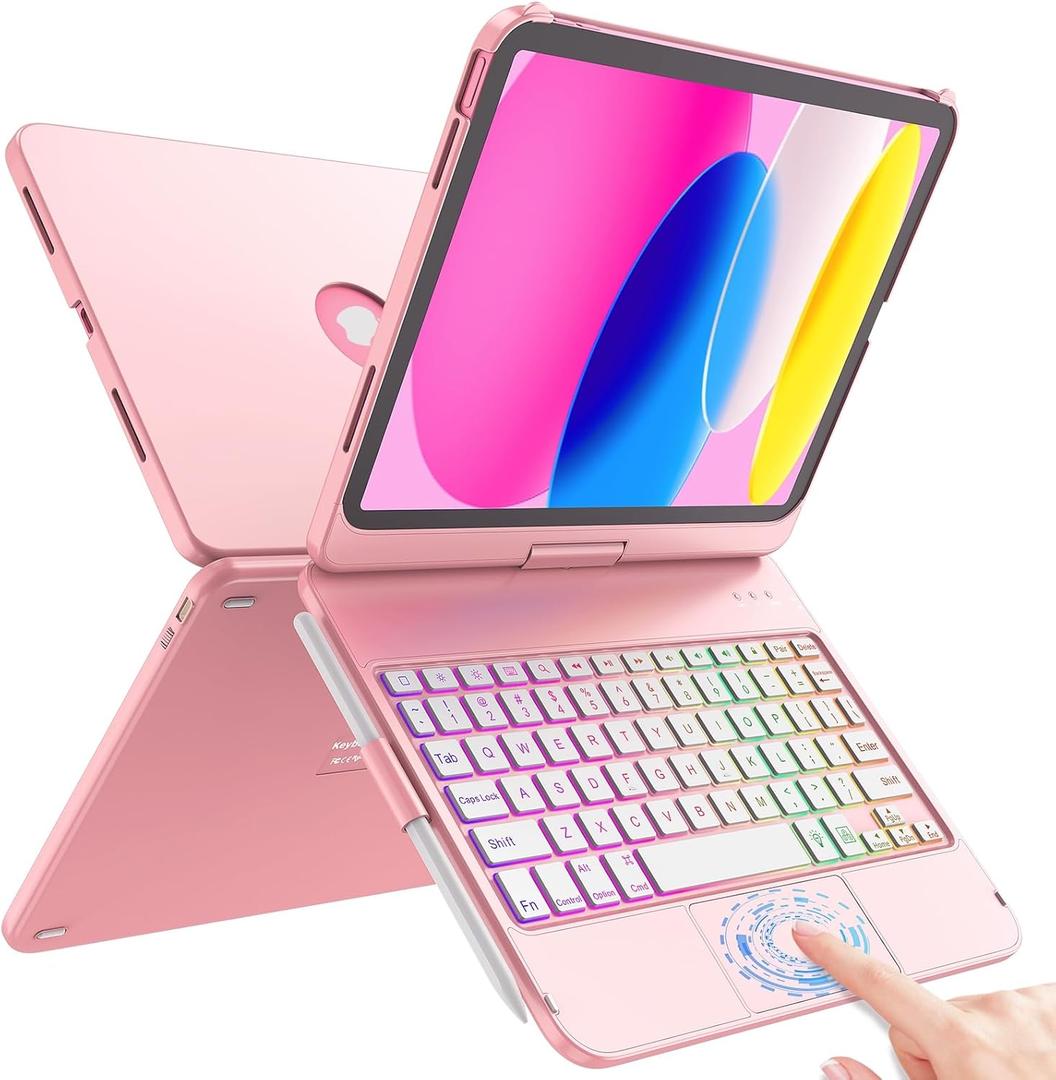 FUWANG Touch Keyboard Case for iPad (A16) 11th Generation 11 inch 2025&10th Gen 10.9 inch 2022, 360 Rotate for iPad 10th Generation Case with Keyboard, Backlit Keyboard Case with Pencil Holder, Pink