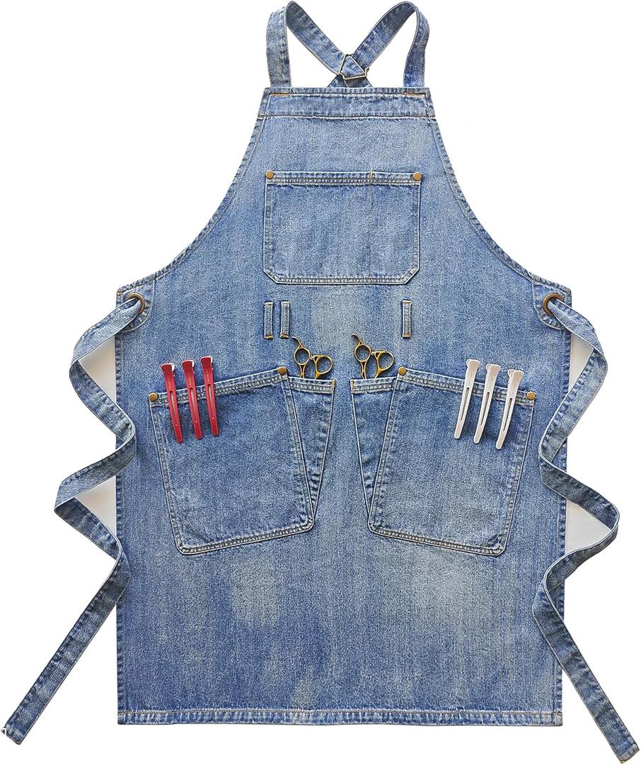 Denim Apron With Pockets,Distressed Jean Apron,Hairstylist Aprons,Denim Work Apron - Washing Style | Adjustable XXL (Light Blue)