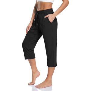 TARSE Women's Capri Yoga Pants Loose Soft Drawstring Workout Sweatpants Causal Lounge Pants with Pockets (Black, XXL)