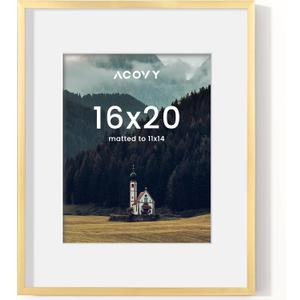 16x20 Picture Frame, 16 by 20 Poster Frame for Wall - High Definition Plexiglass, 16x20 Frame Matted to 11x14 (Gold, 1 Pack)