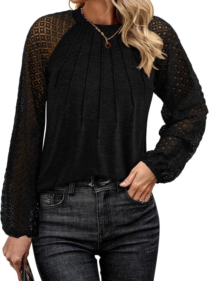 KIRUNDO Womens Tops 2025 Trendy Spring Lace Long Sleeve Dressy Casual Blouses Pleated Business Work Shirts Clothing(Black, Small)