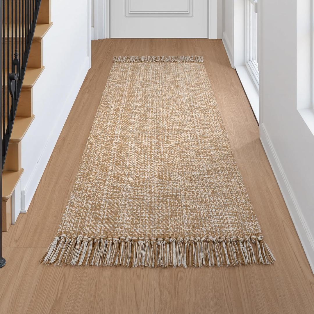 Collive Kitchen Runner Rug, 2' x 4.3' Hand-Woven Reversible Washable Rugs, Tan Cotton Modern Farmhouse Bathroom Mat Hallway Carpets for Foyer Bedroom Entry Back Door Decor