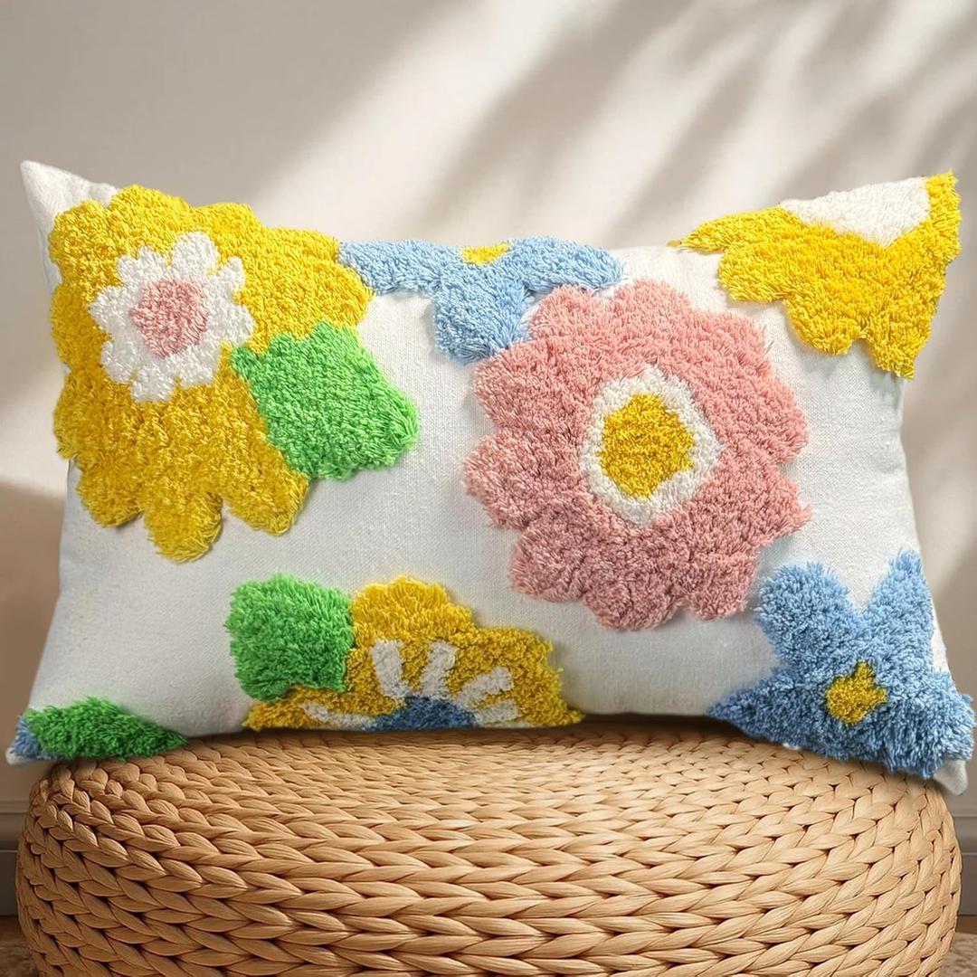 Lumbar Pillow Covers 12x20 - Tufted Decorative Throw Pillow Cover with Zipper for Couch Sofa Bed Living Room Aesthetic Soft Spring Summer Farmhouse Oblong Pillowcase, Five Color Flower