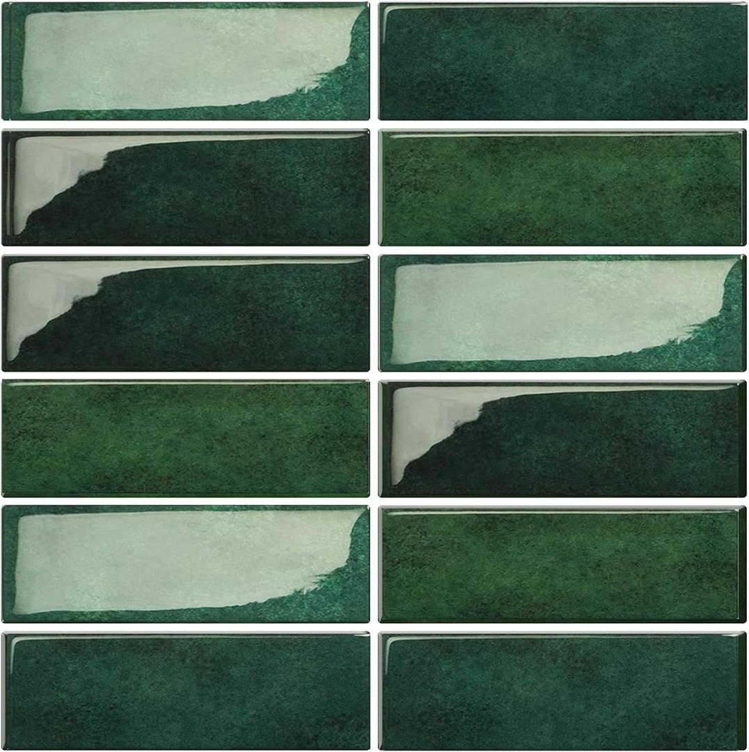 Dark Green Peel and Stick Backsplach Tile, 12"x12" Back Splash Stick on Tiles for Kitchen, Bathroom, 10 Sheets