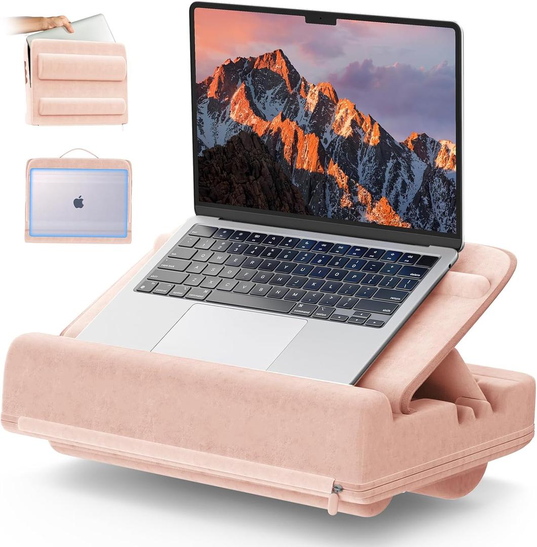 Adjustable Laptop Pillow for Lap, Lap Desk Cushion with Cushion, Computer Lap Pillow, Portable Laptop Stand & Carrying Case for up to 16'' Computer, Tablet, iPad, Kindle, Pink