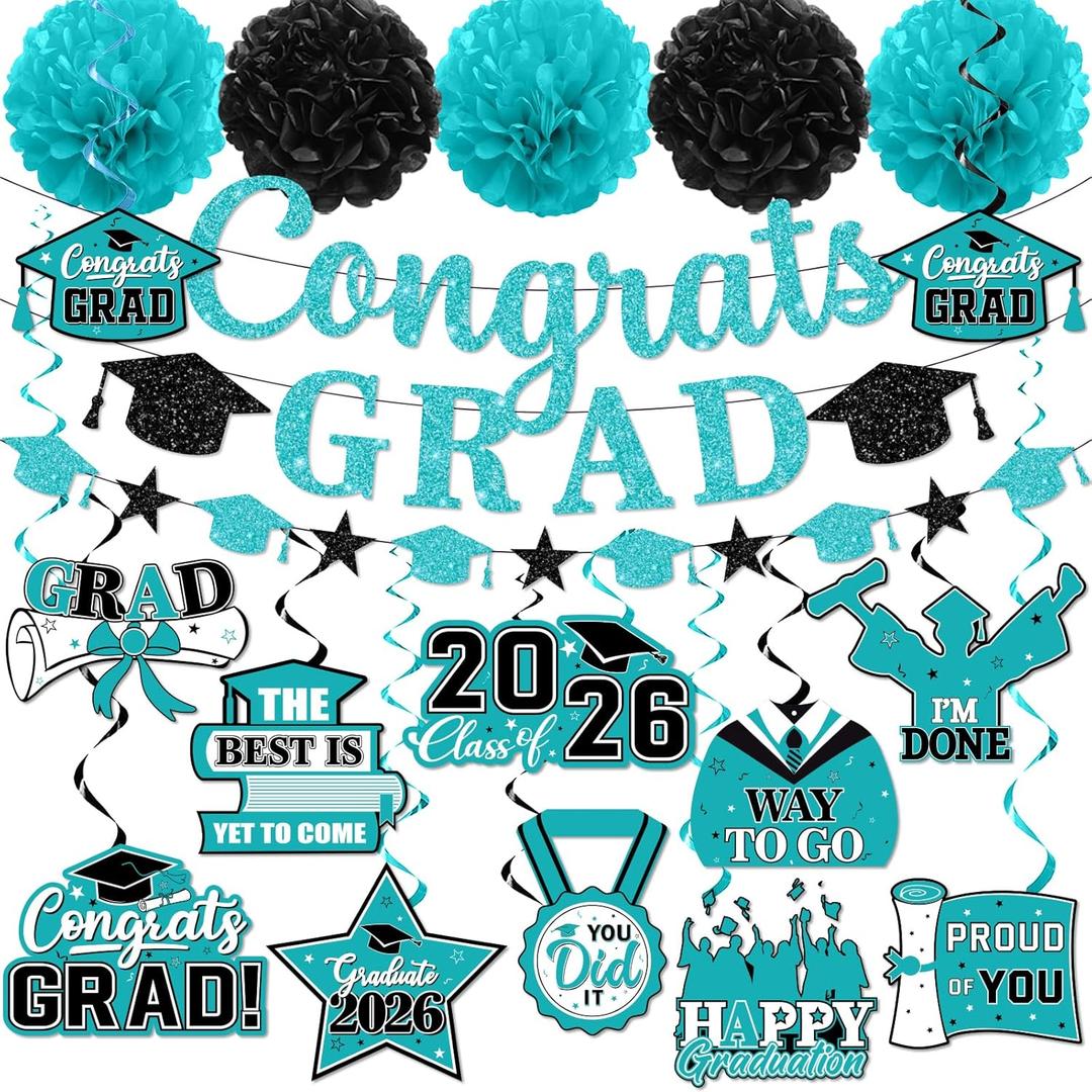 Teal Blue Graduation Decorations 2026,Graduation Decorations Class Of 2026 Teal Blue Graduation Decorations Banner Congrats Grad Hanging Swirls for College Grad Party