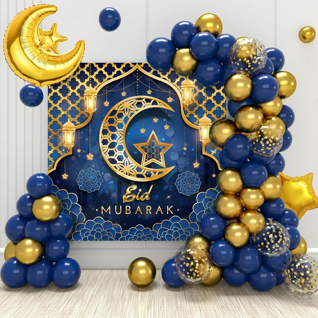 Eid Mubarak Decorations for Home - 70pcs Ramadan Decorations include Blue Gold Star Moon Balloons and Eid Mubarak Banner for Ramadan Decor