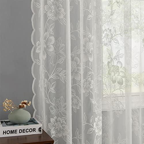 FINECITY Lace Curtains 84 Inch Embroidery Vintage Floral Leaf Sheer Lace Curtains for Living Room, Rod Pocket Privacy Scalloped Edge Sheer Window Curtains, 52 x 84 Inch, Ivory