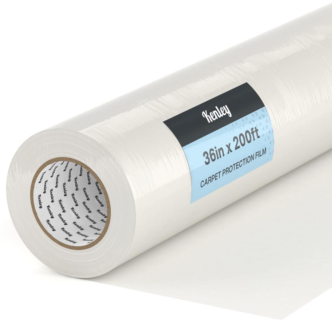 Kenley Carpet Protection Film - Self Adhesive Plastic Carpet Protector Film - Heavy Duty Shield Covering for Stairs Floor Runner Surface - Puncture & Water Resistant Sticky Protection Roll (36"x200')
