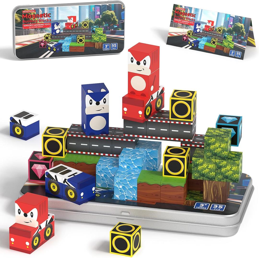 35PCS Mini Magnetic Blocks, Magnetic Blocks Travel with Portable Iron Box, Magnetic Building Blocks STEM Learning Set for Ages 3 4 5 6 7 8, Suitable for Restaurant and Travel, Hedgehog