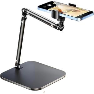 Adjustable Overhead Phone Stand for Desk, Black Metal Articulating Arm Mount, Desktop Video Recording Tripod, Live Streaming Photography Holder