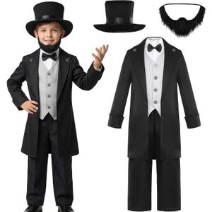Rayekrot Deluxe Kids Abraham Lincoln Costume Boys Presidents Day Costume Halloween Cosplay Dress Up (8-10 Years) Black