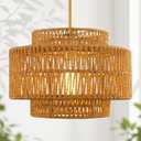 12.5" Boho Rattan Chandelier, 1-Light 3-Tier Hand Woven Pendant Light Fixture with Gold Finish, Natural Brown Hanging Light for Entryway Bedroom Hallway, Adjustable Height, AD-25050-1P-GD