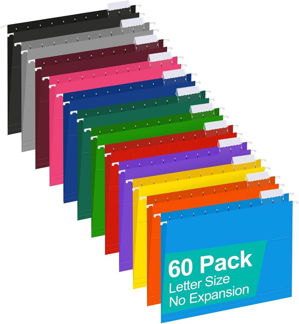 HERKKA Hanging File Folders, Pack of 60 Reinforced Letter Size Hanging Folders with Heavy Duty 0 Inch Expansion, Designed for Bulky Files, Medical Charts, 1/5-Cut Adjustable Tabs, 12 Assorted Colors