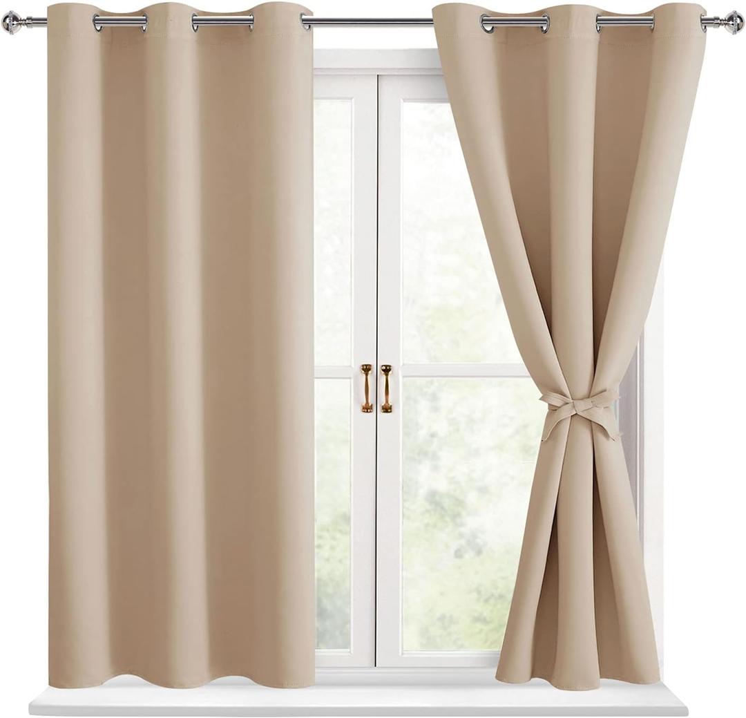 Hiasan Short Blackout Curtains for Bedroom - Thermal Insulated & Energy Saving Window Curtains for Living Room, 2 Drape Panels Sewn with Tiebacks, Beige, 38 x 45 Inch