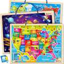 SYNARRY Large USA World Solar System Wooden Magnetic Puzzles for Kids Ages 4-6, Wood Puzzles Educational Games Toys Gifts for Toddlers, United States World Planet Space Map for Boys Girls Ages 3-5 4-8