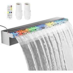 Pool Fountain Stainless Steel Waterfall with LED Lights - 23.6" LED Strip Remote Control with 18 Colors, Smooth Water Flow & Cascade Blade, Easy Installation for Outdoor, Garden, Patio & Ponds