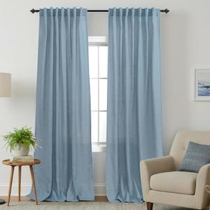 Slate Stone Blue Sheer Curtains 96 Inches Long for Living Room 2 Panels Back Tab Rod Pocket Pale Washed Linen Polyester Blended Woven Cotton Look Material Fabric Drapes 52x96 Length,Denim Jean Blue