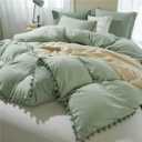 IHOUSTRIY 3 Pieces Duvet Cover Set Bedding Ball Fringe Pattern Design Soft Dark Sage Green Bedding Sets 1 Duvet Cover 2 Ball Fringe Pillow Shams - Queen, Green