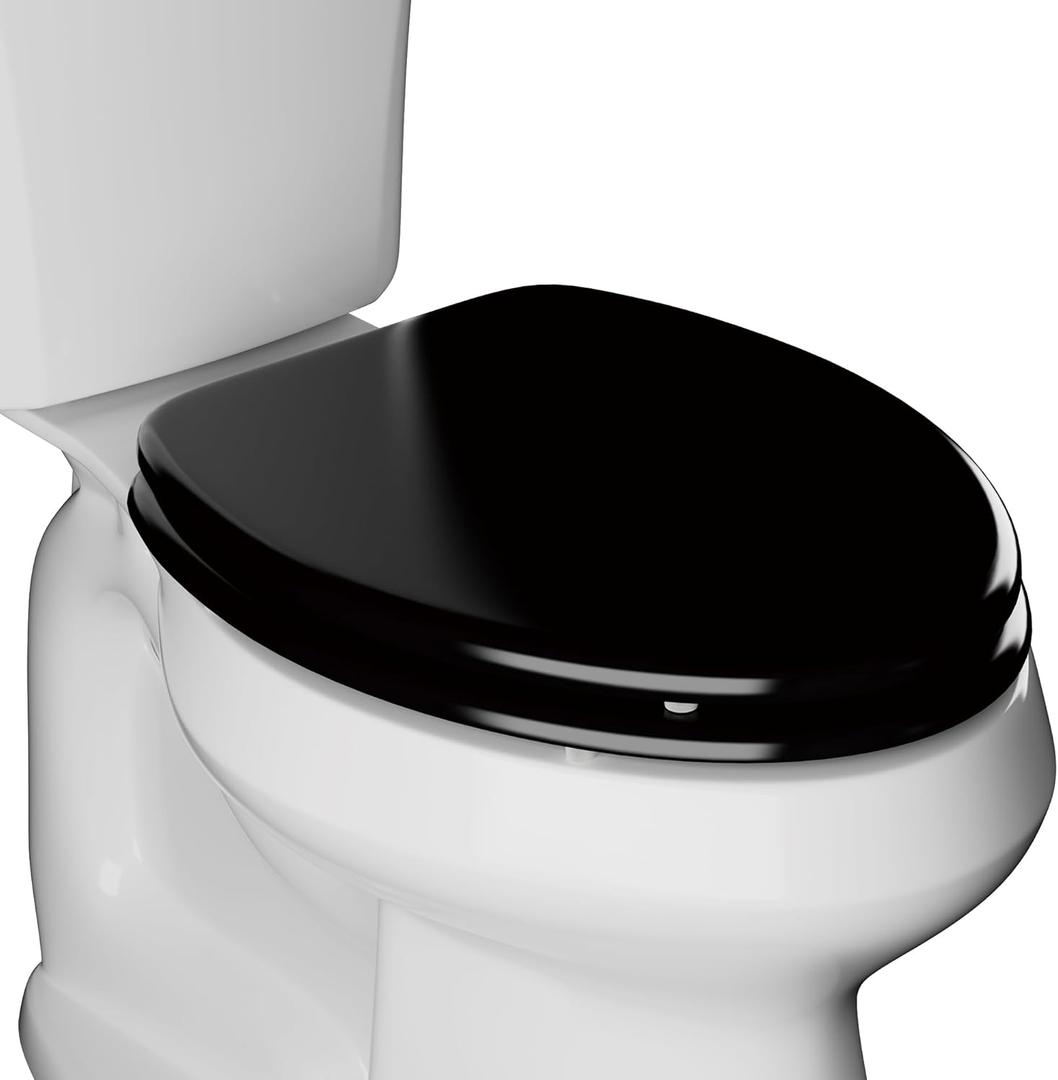 Elongated Slow Close Toilet Seat, Black Wood Toilet Seat Support 400 lbs, Heavy Duty Oval Wood Toilet Lid with Soft Close Chrome Hinges, Grip-Tight Bumpers - Easy to Clean, Quick Assembly