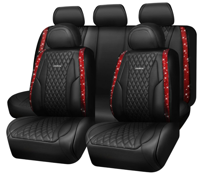 CAR PASS Nappa Leather Bling Diamond Black Red Seat Covers Full Set, Waterproof Calfskin Heavy-Duty Anti-Slip, Universal Fit for 95% Auto SUV Sedan Truck, Glitter Sparkle Shining (Red Rhinestone)