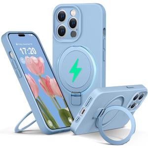 Liquid Silicone Case for iPhone 14 pro with Magnetic Ring Stand, Upgraded Camera Lens Protection, Mil-Grade Drop Shockproof, Anti-Scratch Microfiber Lining Silicone Case (Azure Blue)