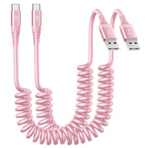 Coiled USB A to USB C Cable for Car [2-Pack, 6ft], USB Type C Cable Fast Charging, iPhone USB-C Charger Cable Compatible with iPhone 17/16/15/Plus/Pro/Pro Max/Samsung Galaxy A10e A20 A50 S20 S10E-Pink
