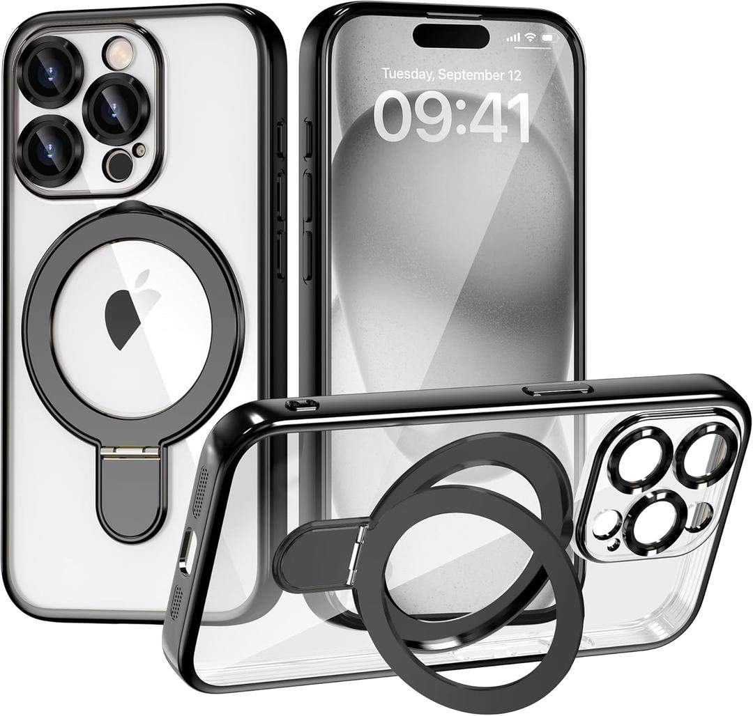 for iPhone 15 Pro Max Case with Magnetic Invisible Stand [Compatible with Mag-Safe] [Full Camera Lens Protector] Slim Soft Clear Plating Phone Case for Women Men, Black