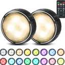 Battery Operated Puck Lights with Remote LED Under Cabinet Lighting Wireless Stick on Lights Color Changing Timer Tap Lights for Cabinets Shelves Closets Display Case - 2Pack Black