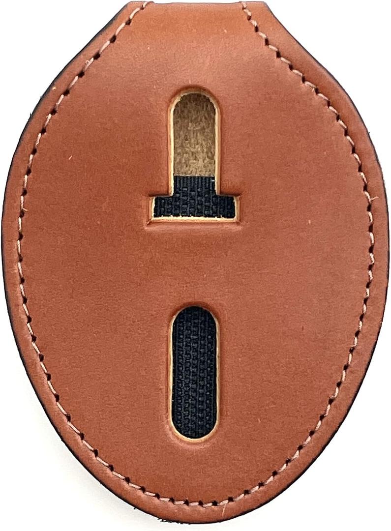 Perfect Fit Universal Oval Police Badge Holder Shield with Metal Belt Clip and Bead Chain Necklace, Hook and Loop Closure, Tan Leather