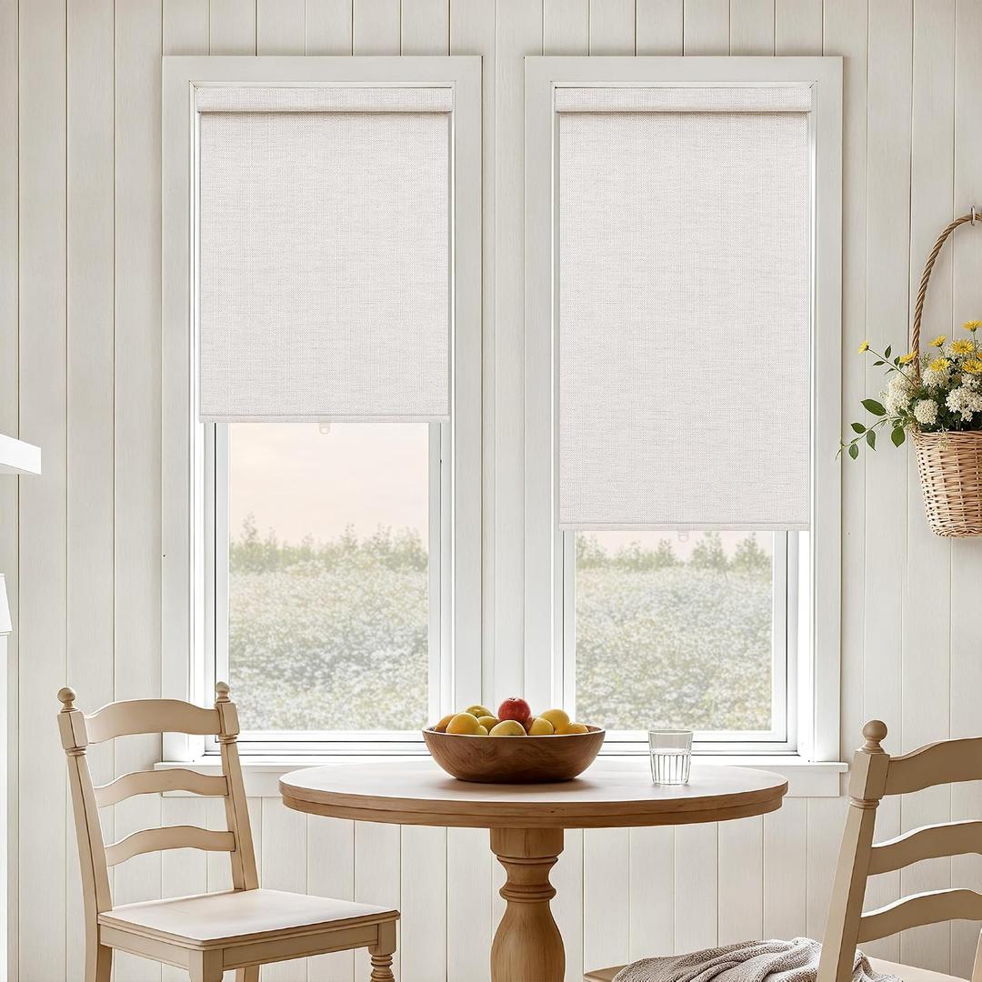 Beige White Textured Linen Semi Sheer Cordless Roller Shades 32" W x 72" H