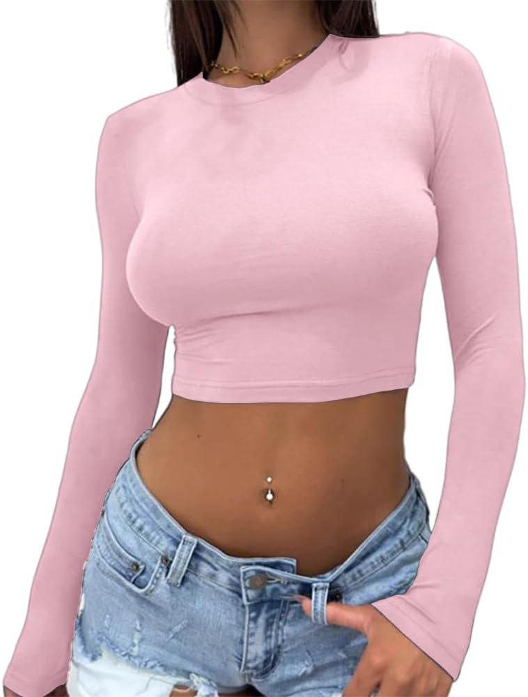 Dwnval Women's Long Sleeve Crop Tops Y2K Crewneck Cute Sexy Slim fit Cropped T Shirts Light Pink (Large)