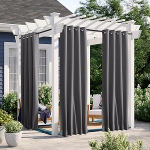 NICETOWN 2 Panels Outdoor Curtains Waterproof Grommet & Back Tab on Top & Bottom, Thermal Insulated Fixed Windproof Blackout Outdoor Drapes Privacy for Patio with Rope for Fixed, W46 x L90, Grey