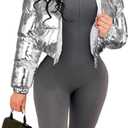 Halfword Women's Shiny Cropped Puffer Jacket Long Sleeve Solid Color Stand Neck Winter Down Coat, Silvery, M