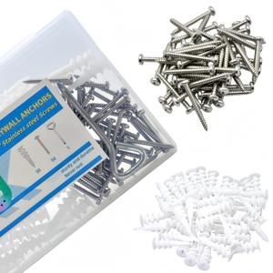 Self Drilling Drywall Anchors with 304 Stainless Steel Screws 100 Set, Heavy Duty, Rustproof, and Easy to Install,50 Plastic Anchors + 50#8 x 1-1/4'' 18-8 Stainless Steel Screws,75LB Hanging