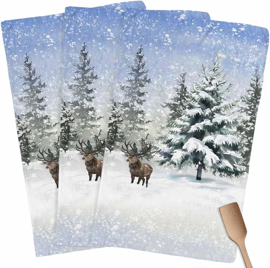 Christmas Kitchen Towels, Absorbent Microfiber Kitchen Dish Hand Tea Bath Towel, Quick Dry Cleaning Cloth Dishclothes Decorative Sets, Forest Snowy Elk Xmas Tree Winter Snowflake (3-PC, 18x28)