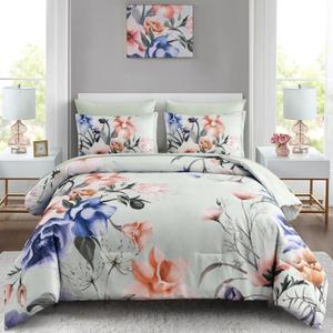 Luxudecor Floral Comforter Set Queen Size 7 Piece, Green Flower Bed in a Bag, Elegant Floral Comforter with Sheet Set, Soft Microfiber Bedding Set for All Season (Green, 90"x90")